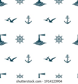 nautical seamless pattern with lighthouse, helm, anchor and seagulls on white background