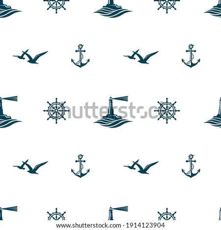 nautical seamless pattern with lighthouse, helm, anchor and seagulls on white background