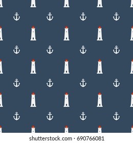 Nautical seamless pattern with lighthouse icon on navy blue background. Summer seamless pattern with anchors.