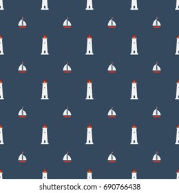 Nautical seamless pattern with lighthouse icon on navy blue background. Summer seamless pattern .