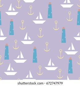Nautical seamless pattern with lighthouse, sailing boats and anchors.Travel, sea and ocean. Vector Illustration