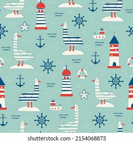 Nautical seamless pattern with lighthouse, steamship and yachts. Background with towers for marine navigation. illustration for wrapping paper, fabric print, wallpaper. Sea. Ocean