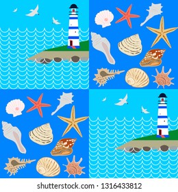 Nautical seamless pattern lighthouse, waves and sea stars and shells