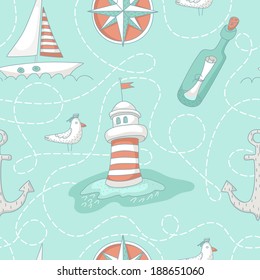 Nautical seamless pattern with a lighthouse, wind rose, message bottle, yacht and anchor. EPS 10. No transparency. No gradients.