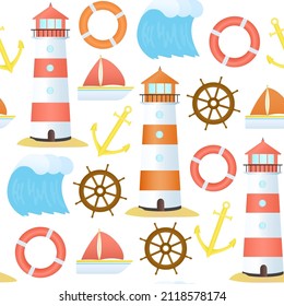 Nautical seamless pattern with lighthouses, anchor, lifebuoy, rudder and ship. Vector illustration