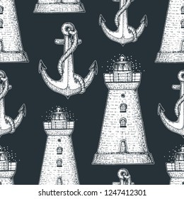Nautical seamless pattern. Lighthouses and anchors vintage background . Hand drawn vector illustration. Retro design. Engraved style.