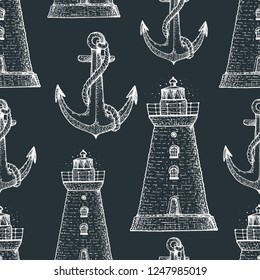 Nautical seamless pattern. Lighthouses and anchors vintage background . Hand drawn vector illustration. Retro design. Engraved style.