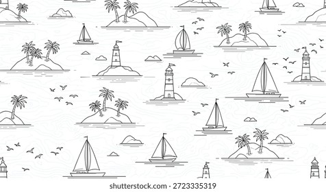 Patrón náutico sin fisuras con faros en las islas, veleros en el agua y gaviotas volando en un estilo artístico de línea minimalista.