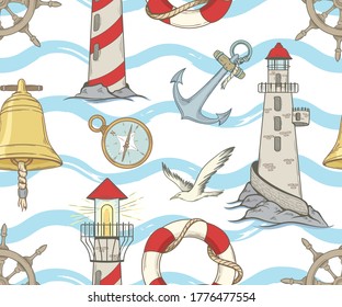 Nautical seamless pattern with lighthouses, seagulls and marine equipment