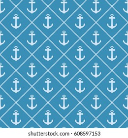Nautical seamless pattern. Marine background. Sea symbols: anchor and rope in blue colors. Universal pattern for wallpapers, textiles, fabrics, wrapping papers, packaging etc