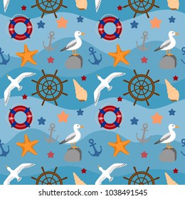 Nautical seamless pattern with marine elements flat cartoon style, steering wheel, starfish, shell, lifeboat, seagull bird, ocean waves on background, moody blue color. For textile, wrapper, etc.