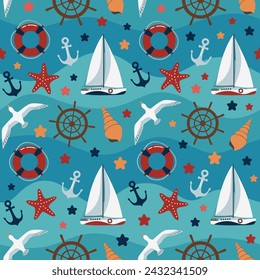 Nautical seamless pattern marine objects on teal blue background. Summer repeat design nautical motifs - sea gull, sailing boat, starfish, life buoy, anchor, helm. Ocean waves turquoise backdrop.