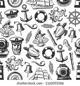 Nautical seamless pattern with marine and seafarer symbols. Vector background of sailor equipment, captain hat or smoking pipe and lighthouse, ship helm with anchor or spyglass and sextant