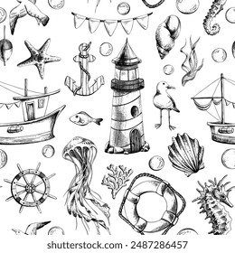 Nautical seamless pattern with marine underwater animals, a lighthouse and a boat. Illustration of graphic line art in black and white, hand drawn. For the textile, fabric, wallpaper, wrapping paper