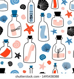 Nautical seamless pattern with message in a bottle, shell, sea star. Hand drawn flat colorful cartoon style texture with glass bottles, jars and underwater creatures. Seafaring, marine theme, castaway