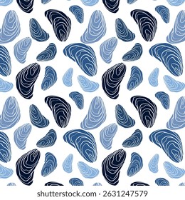 A nautical seamless pattern with mussels in blue shades. Ideal for fabrics, packaging, wallpaper and nautical-inspired design. Concise and modern design.