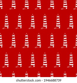 Nautical seamless pattern on red background with white lighthouse. Cute seamless background with light station. Marine wallpaper. Cute fabric design. Vector illustration. 