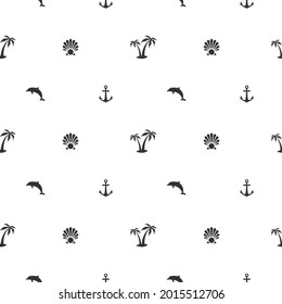 Nautical seamless pattern with palms, anchors and dolphins on white. Tropical holiday ornament. Marine background with rudder. Summer vector flat illustration.