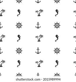 Nautical seamless pattern with palms, anchors and dolphins on white. Tropical holiday ornament. Marine background with rudder. Summer vector flat illustration.