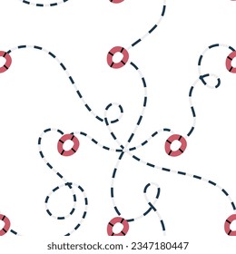 Nautical seamless pattern with rope and lifebuoys on white background. Modern design for clothes, fabric, paper, cover, interior decoration. Vector texture. EPS 10