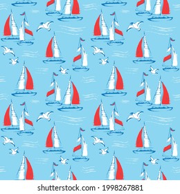 Nautical seamless pattern with sail boats and seagulls. Sea background. Vector illustration.