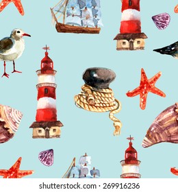 Nautical seamless pattern with sail rope starfish seashell vector illustration