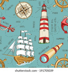 Nautical Seamless Pattern Of Sailboat, Anchor, Wheel, Spyglass, Lighthouse And Compass