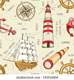 Nautical Seamless Pattern Of Sailboat, Anchor, Wheel, Spyglass, Lighthouse And Compass