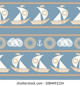 Nautical seamless pattern with sailboat. Created with ropes, sailboats, anchors, clouds and sun, hand-drawn. Vector illustration.