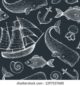 Nautical seamless pattern. Sailboat, fish, sperm whale, anchor, shell, jelly fish sketch illustration. Hand drawn illustration. Sea set. Vintage background. 