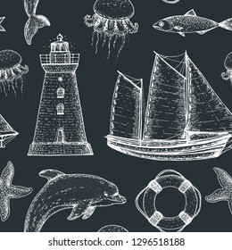 Nautical seamless pattern. Sailboat, lighthouse, dolphin, lifebuoy, fish, starfish, jelly fish sketch illustration. Hand drawn illustration. Sea set. Vintage background.