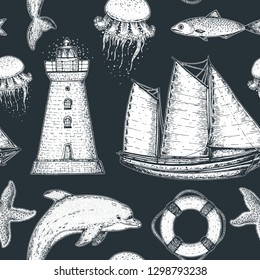 Nautical seamless pattern. Sailboat, lighthouse, dolphin, lifebuoy, fish, starfish, jelly fish sketch illustration. Hand drawn illustration. Sea set. Vintage background.