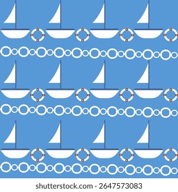 Nautical seamless pattern with sailboats and lifebuoys on ocean blue background. Perfect for beachwear, summer stationery, and marine-themed products.