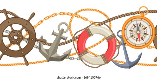 Nautical seamless pattern with sailing items, ropes and chains. Marine decorative background.