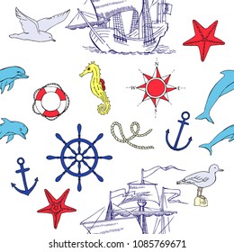 Nautical seamless pattern with  sailing vessels, wheel,  boats and dolphin. Hand drawn elements for summer holidays. Travel, marin and ocean. Vector Illustration