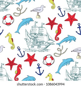 Nautical seamless pattern with  sailing vessels, wheel,  boats and dolphin. Hand drawn elements for summer holidays. Travel, marin and ocean. Vector Illustration