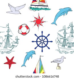 Nautical seamless pattern with  sailing vessels, wheel,  boats and dolphin. Hand drawn elements for summer holidays. Travel, marin and ocean. Vector Illustration