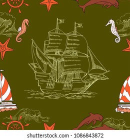 Nautical seamless pattern with sailing vesselsand and sea. Hand drawn elements for summer holidays.Travel, marin and ocean. Vector Illustration