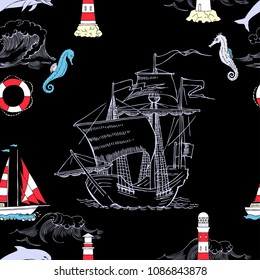 Nautical seamless pattern with sailing vesselsand and sea. Hand drawn elements for summer holidays.Travel, marin and ocean. Vector Illustration