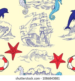Nautical seamless pattern with sailing vesselsand and sea. Hand drawn elements for summer holidays.Travel, marin and ocean. Vector Illustration