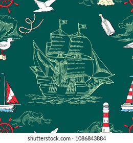Nautical seamless pattern with sailing vesselsand and sea. Hand drawn elements for summer holidays.Travel, marin and ocean. Vector Illustration