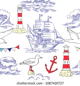 Nautical seamless pattern with sailing vesselsand and sea. Hand drawn elements for summer holidays.Travel, marin and ocean. Vector Illustration