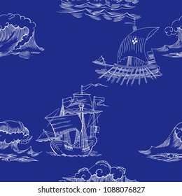 Nautical seamless pattern with sailing vesselsand and sea. Hand drawn elements for summer holidays.Travel, marin and ocean. Vector Illustration
