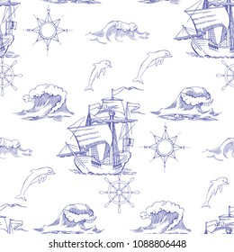 Nautical seamless pattern with sailing vesselsand and sea. Hand drawn elements for summer holidays.Travel, marin and ocean. Vector Illustration