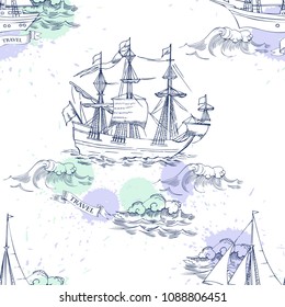 Nautical seamless pattern with sailing vesselsand and sea. Hand drawn elements for summer holidays.Travel, marin and ocean. Vector Illustration
