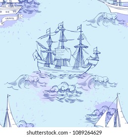 Nautical seamless pattern with sailing vesselsand and sea. Hand drawn elements for summer holidays.Travel, marin and ocean. Vector Illustration