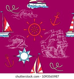 Nautical seamless pattern with sailing vesselsand and sea. Hand drawn elements for summer holidays.Travel, marin and ocean. Vector Illustration