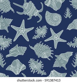 Nautical seamless pattern. Sea life background. Marine illustration.