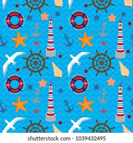 Nautical seamless pattern with sea marine elements flat cartoon style, light house, starfish, shell, lifeboat, seagull bird, chevron pattern on background, blue color. For textile, wrapper, etc.