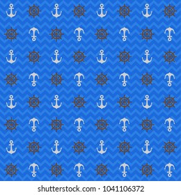 Nautical seamless pattern with sea marine elements flat cartoon style, helm and anchor repeat tile, chevron pattern on background, deep blue color. For textile print, wrapper, paper, card, etc.